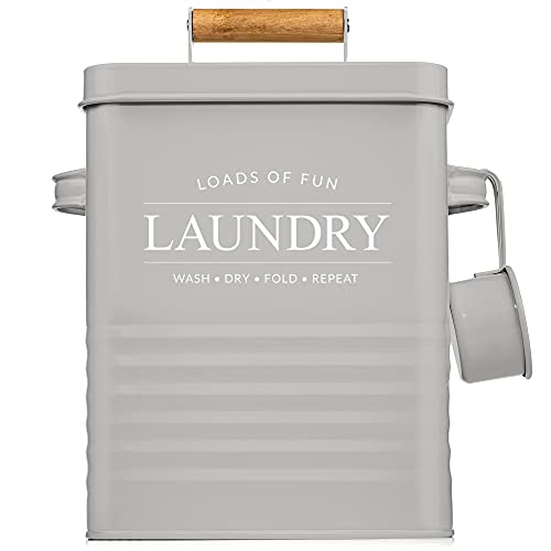 Calindiana Modern Farmhouse Metal Laundry Soap Dispenser Container Holder with Scoop for Laundry Room Decor and Space Saving Laundry Room Organization and Storage, Laundry Powder Container, Grey - color: GREY