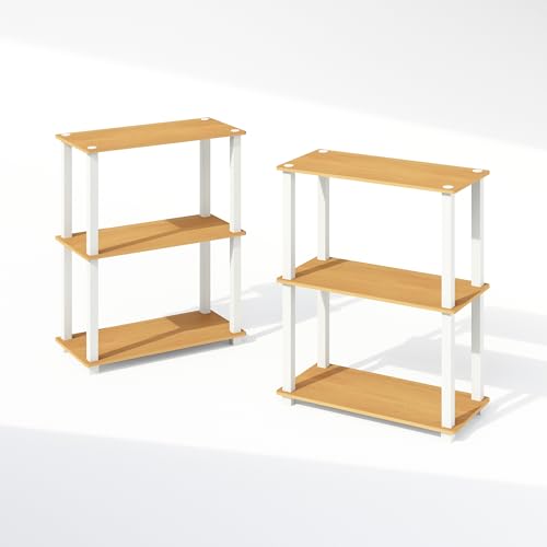 Furinno Turn-S-Tube Storage Shelves Set of 2, 3-Tier Book Shelf, Corner Shelf, Toolless Open Shelves, Square Tubes, for Organization and Storage, Living Room, Garage, Home Office, Beech - color: Beech/White, size: 2-Pack, 3-Tier Square Tube
