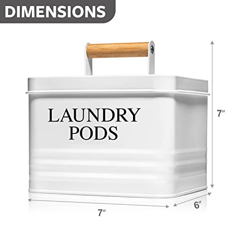 Calindiana Modern Farmhouse Metal Laundry Pods Holder Container with Lid for Laundry Room Decor and Accessories and Space Saving Organization and Storage, Holds 81 Laundry Pods, White - color: White