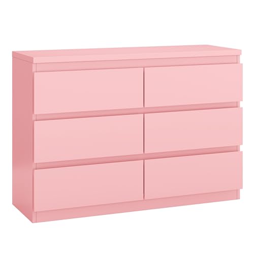 Jocoevol Modern Pink 6 Drawer Dresser - Simply Chest of Drawers for Bedroom, Closet, Living Room, Hallway, Entryway, Wood Storage Double Dresser with Smooth Metal Rails - Pink - color: Pink