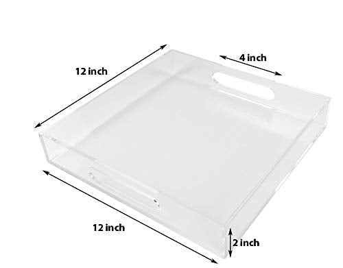 Clear Sturdy Acrylic Serving Tray with Handles - 12x12Inch - Coffee, Appetizer, Breakfast, Butler Tray - Kitchen Countertop & Makeup Drawer Organizer - color: Clear, size: 12" x 12" x 2"