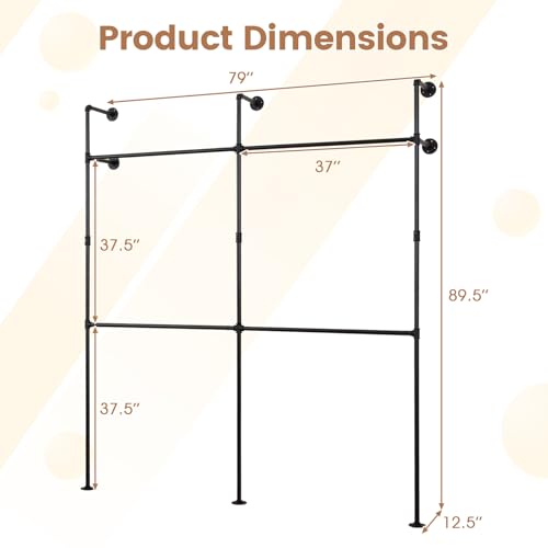 Giantex Industrial Pipe Clothing Rack, 79" Wall Mounted Heavy-Duty Metal Garment Organizer with 4 Hanging Rods, 2-Tier Walk-in Closet System for Wardrobe Closet, Retail Display - size: 79 Inches