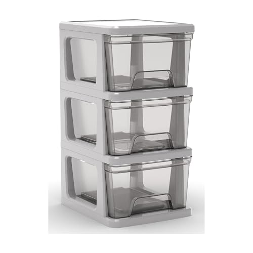 Plastic Drawer Wide Tower Plastic Storage Cart with Clear Pull Out Drawers, Silver (3 Drawer Wide Tower) - color: Grey and Clear
