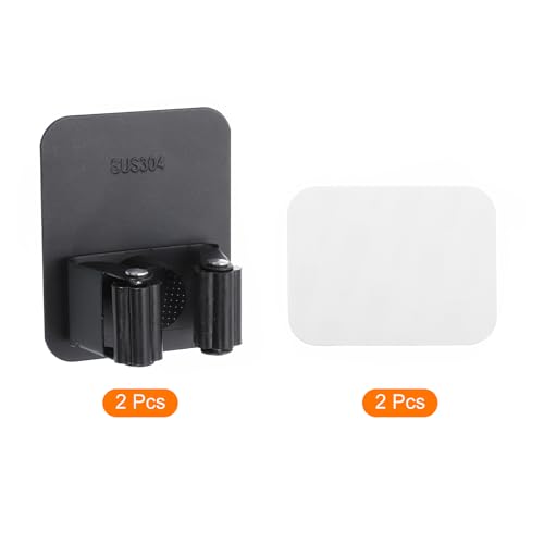 uxcell 2pcs Mop Broom Holder Wall Mount, 304 Stainless Steel Mop Holder Self Adhesive Broom Hanger with Screws, Suitable for Bathroom, Laundry Room, Black - color: Black
