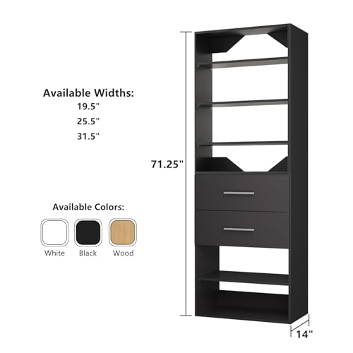 ROOMTEC Modular Closet System, 25.5" 2 Drawer Shelf Closet Tower Wall-Mounted Closet Organizer, Wooden Tower for Walk-In Closets, Wardrobe Storage Kit, Black - size: 25.5" Wide, style: Model 11
