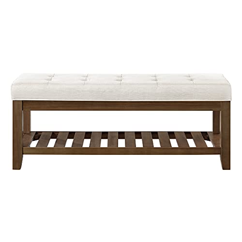 24KF Large Rectangular Upholstered Tufted Linen Ottoman Bench, Padded Bench with Solid Wood Shelf-Ivory - color: Ivory-bench, size: 16"D x 44"W x 18"H