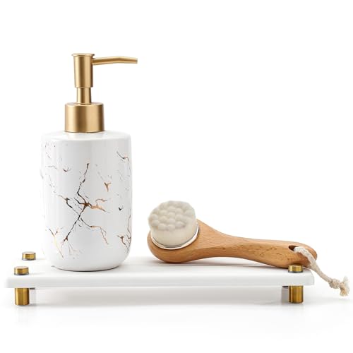 Razborci Water Absorbing Stone Sink Caddy Kitchen Sink Organizer Tray, Diatomite Bathroom Counter Tray, Gold Faucet Drying Mat Coaster Soap Dish Rack Riser Dispenser Sponge Holder, White 10" x 4" - color: White - Gold, size: 10" x 4" x 1"