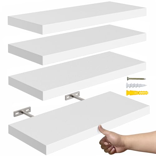 YUFLINX 16’’White Floating Shelves for Wall Set of 4,Rustic Wood Shelf for Room Decor/Storage/Display,Small Bookshelf,Wall Mounted Hanging Shelves for Bedroom, Bathroom, Living Room, Kitchen - color: White, size: 16in