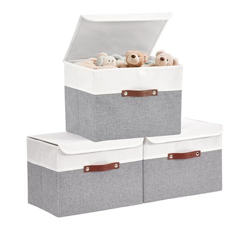 DECOMOMO Fabric Storage Bins with Lid, Storage Baskets for Shelves (Grey and White, 3 Pack) - color: Grey and White, size: Large