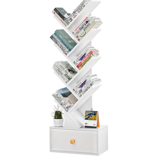 SHEEPAM 8 Tier Tree Bookshelf with Drawer, Free Standing Wood Bookcase for Living Room, Bedroom, Home Office, Space Saving Storage Organizer Bookshelves for Books, CDs, Vinyl Records- White - color: Elegant White, size: 8 Tier