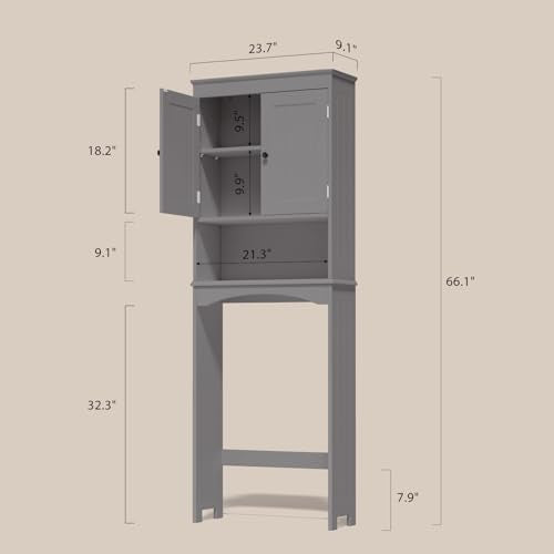 Gizoon Over The Toilet Storage Cabinet with Adjustable Shelf and Double Doors, Bathroom Space Saver Organizer Above Toilet with Open Shelf, Taller Wooden Free Standing Toilet Rack -Grey - color: Grey