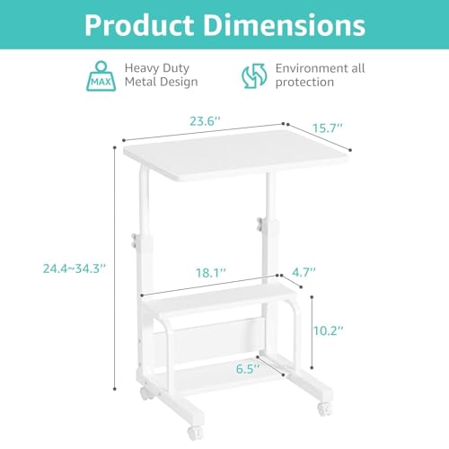 WINAZ Small Bedroom Laptop Rolling Desk - 24" White Mobile Kids Desk with Wheels for Small Spaces, Height Adjustable C Shaped Side Table with 2-Tier Storage Shelves - color: White