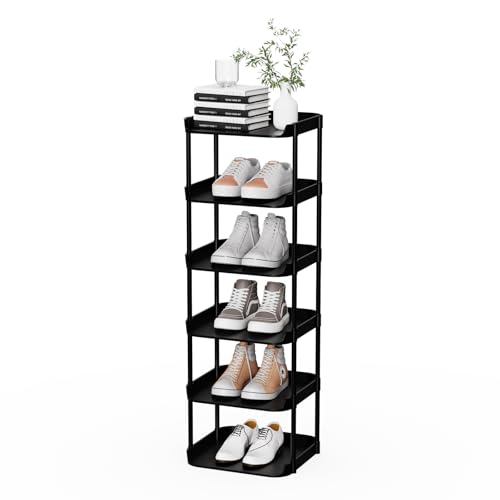 6 Tier Vertical Narrow Shoe Rack, Stackable Tall Skinny Shoerack, Compact Single Shoes Storage Tower for Slim Space, Corner Plastic Shelves, for Hallways, Entryway, Bedrooms Organizer, Black - color: Black, size: 6 tier