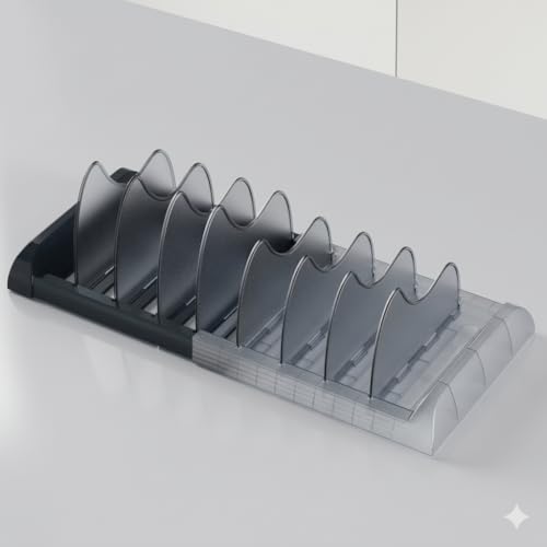 OMIO Pot Lid Organizer for Cabinet, A-560 Heavy Duty ABS Pan Rack Adjustable 9.8-22.8 inch with 8 Removable Dividers, Under Sink Storage for Cookware, Cutting Board, Dark Gray - color: Deep Grey & Translucent