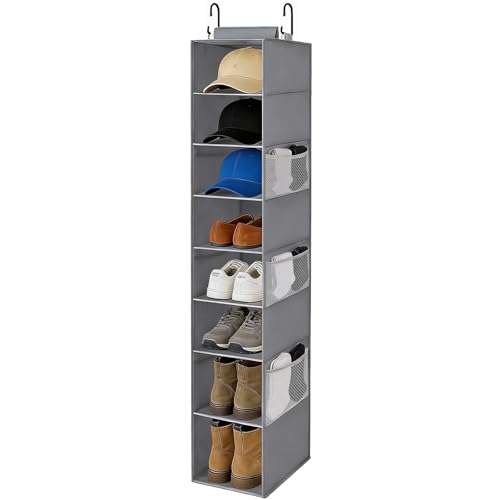 VERONLY Hanging Shoe Organizer for Closet,8-Shelf Hanging Storage with Side Mesh Pockets,Wider Shelves for Baseball Caps,Clothes (9" W × 11.8" D × 54" H) Grey - style: Gray Bamboo Hanging
