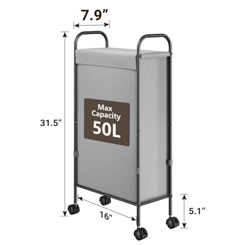 ELYKEN Slim Laundry Hamper with Lid, 50L Small Rolling Laundry Basket on Wheels, 7.9” Narrow Dirty Cloth Cart with Removable Inner Bag for Small Bathroom, Bedroom, Grey - style: Grey-50L