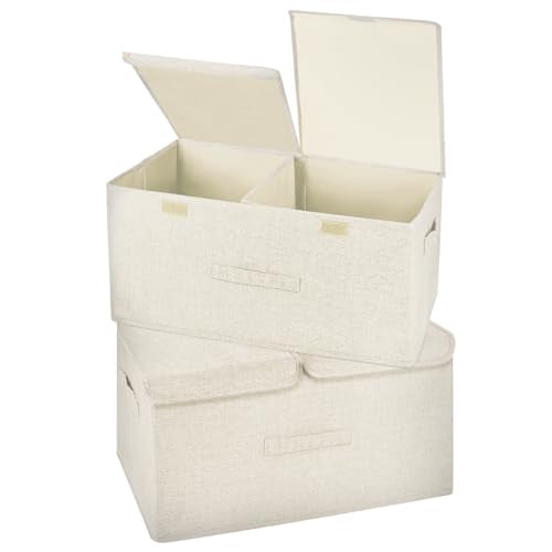 2 Pack Storage Boxes with Lids and Handles, Collapsible Linen Storage Bins Organizer Containers Baskets Cube with Removable Divider for Home Bedroom Closet Office (Cream, Large) - color: Cream, size: Large