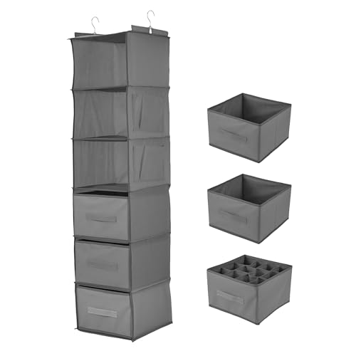 Garvee Hanging Closet Organizer with Drawers, 3-Tier Non-Woven Fabric Storage Shelves, Foldable Closet Organizer for Bedroom, 11.8x11.8x47.2 Inches, Grey - color: Beige