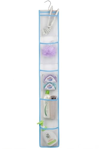 ALYER Narrow Mesh Fabric Shower Caddy Organizer with Hanger,Hanging Mesh Pockets for Shampoo, Conditioner, Soap and Body Wash (Blue) - color: Blue-hanger
