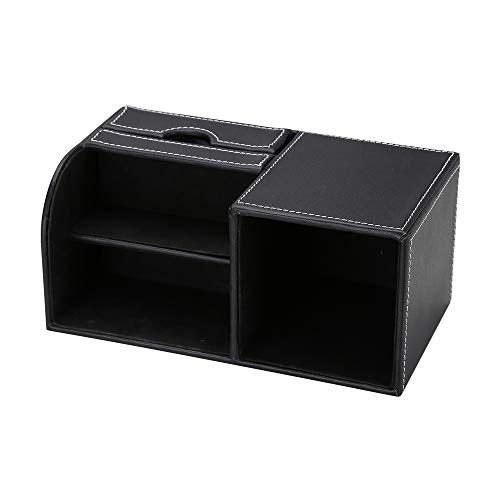 KINGFOM Desk Organizer Office Supplies Caddy Pu Leather Multi-function Storage Box Pen/Pencil,Cell phone, Business Name Cards Remote Control Holder with Small Drawer Black - color: Black