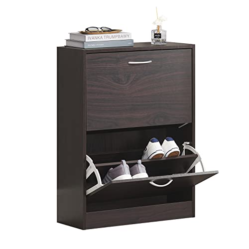 Haotian Narrow Shoe Cabinet for Entryway, Slim Freestanding Shoe Rack with 2 Flip-Drawers, Hidden Storage Shoe Organiazer Entrance Hallyway Mudroom, Brown, FSR110-K-BR (9.4" D x 23.6" W x 31.5" H) - color: Brown, size: 2-Drawers