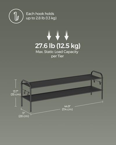 SONGMICS Shoe Rack, 2-Tier Shoe Organizer, Fabric Shoe Shelf Storage with 4 Hooks, Holds up to 12 Pairs of Shoes, Height-Adjustable Shoe Rack for Entryway, Hallway, Closet, Easy Assembly, Ink Black - color: Ink Black, size: 2 Tier (13.7"H)