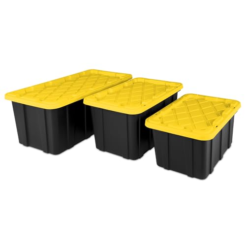 Sterilite 17 Gal Industrial Tote, Stackable Storage Bin with Snap-Fit Lid for Garage, Basement & Attic Storage, Black Base and Yellow Lily Lid, 6-Pack - size: 17 Gallon