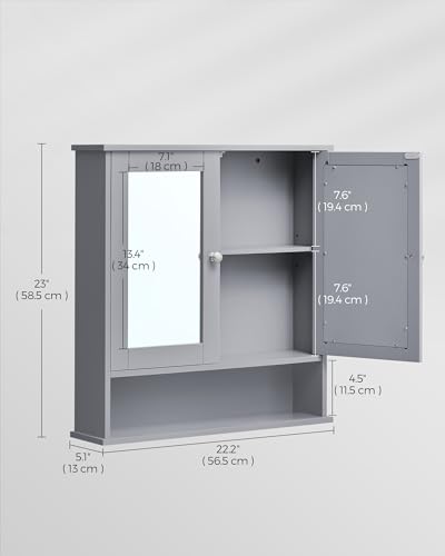 VASAGLE Bathroom Cabinet with Mirror, Wall Cabinet with 2 Mirrored Doors, Adjustable Shelf, Open Compartment, Wall-Mounted, 5.1 x 22.2 x 23 Inches, Dove Gray ULHC002G02 - color: Dove Gray, size: 5.1"D x 22.2"W x 23"H