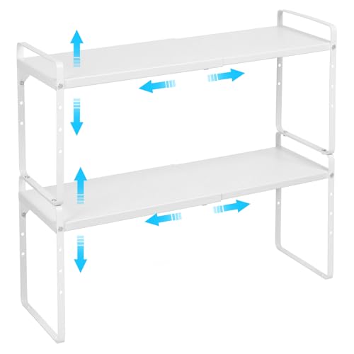 Set of 2 Expandable Cabinet Shelf Organizer, Stackable Kitchen Countertop Shelves Spice Racks, Small Storage Shelf For Cupboard Counter Tabletop, 30 LBS Heavy Duty, Adjustable, 13.8" to 21.6" Long - color: White, size: 2 Pack:13.8"-21.6"Long