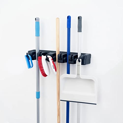 Superio Mop and Broom Holder Wall Mount (Black) Cleaning Tools Wall Organizer, 5 Rack Slots and 6 Hooks for Kitchen Closet Garage Garden and Office - color: Black, size: Large, 1-pack