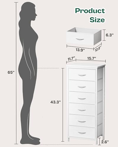 Huuger 43.3 Inch Tall Dresser for Bedroom, 6 Drawer Dresser & Chests of Drawers, Fabric Dresser for Closet, Bedroom, Night Stand, End Table with Metal Frame, Storage Tower with Fabric Bins, White - color: White, size: 43.3inch(6 Drawers)