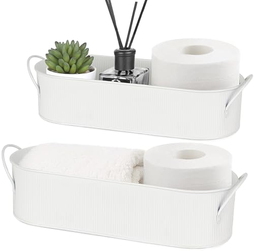 Mkono Metal Storage Basket for Toilet Tank Top Bathroom Decor, Galvanized Tray with Handle for Shelves, Farmhouse Toilet Paper Holder Organizing Bin Box for Countertop Living Room, Set of 2, White - color: White
