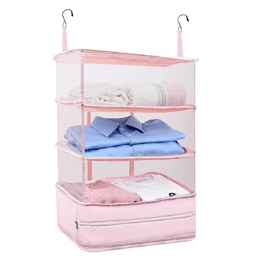 Hanging Travel Closet Organizer Suitcase Shelves Portable Carry on Closets for Hanging Packing Cubes Storage,XL,Pink