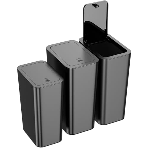 N. NETDOT 3 Pack (2 of 4 Gal & 1 of 2.6 Gal) Small Trash Can with Lid,Bathroom Garbage Can with Pop-Up Lid,Waste Basket for Bathroom,Kitchen,Bedroom,Powder Room,Craft Room,Office,College (Black) - color: 4gal x2 & 2.6gal Black