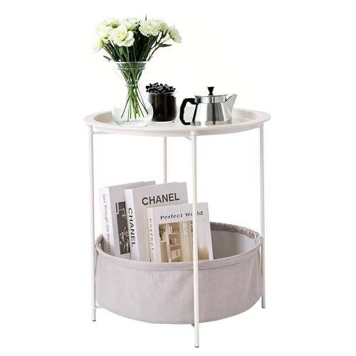 VECELO Round Side/End Table with Fabric Storage Basket，Metal Anti-Rust and Waterproof Small Bedside Nightstand with Removable Tray Top for Living Room，Balcony & Laundry，Beige/1pcs with Basket - color: Beige, size: 1 PCS