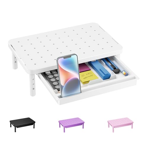 WALI Computer Monitor Stand with Storage, Desk Monitor Riser 3 Height Adjustable, Laptop Riser with Airflow Vents, Desk Organizer for Computer, Laptop, Printer (PTT002-W), 1 Pack, White - color: White, size: with Drawer