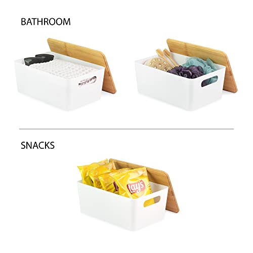 Isaac Jacobs 2-Pack Medium White Storage Bin Set w/Cut-Out Handles and Bamboo Lid, Plastic Organizers for Home, Pantry, Kitchen, Closet, Office, Home Décor, BPA Free, Food Safe (Medium, White) - color: White, size: Medium