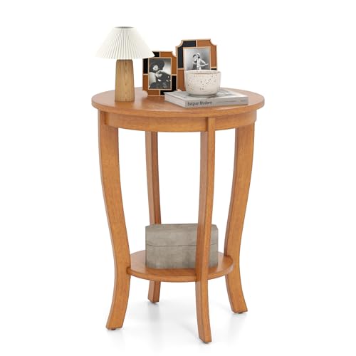 GOFLAME 2-Tier Round End Table, 18” Sofa Side Table with Storage Shelf, Floor Tea Table with Solid Wood Legs, Compact Nightstand for Small Space, Living Room, Bedroom, Light Brown - color: Light Brown