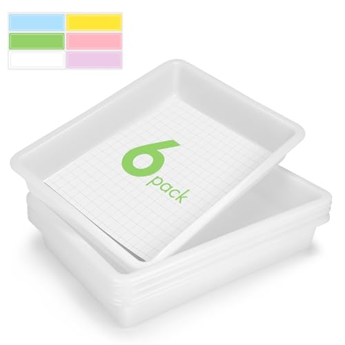 ShineMe Turn in Trays Classroom, 6 Pack White Paper Trays for Classroom with Colorful Labels, Thick Plastic Storage Bins for School, Office Organization, Letter Size Flat Storage Tray - color: White