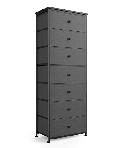 Mifuro Tall Fabric Dresser for Bedroom, Vertical Storage Organizer Tower with 7 Drawers, Chest of Drawers with Bins, Steel Frame, Wood Top for Bedroom, Closet, Entryway Grey - color: Grey, size: 7 Large Drawers