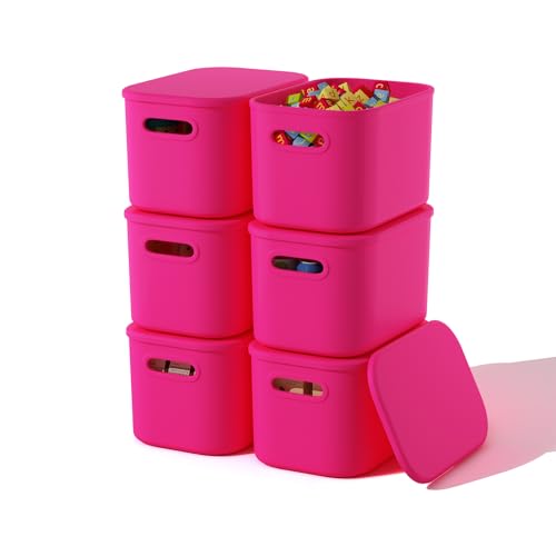 ORGIDOL 6 Pack Pink Storage Bins with Lids Stackable Storage Container for Organizing, Storage Boxes with Handle for Shelves, Cute Storage Bin for Craft, Snacks, 9.85x6.9x5.7 inch - color: Bright Pink, size: 6 Pack