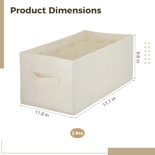 ZALIR 2 Pcs 12-Grid Shoe Organizer Bins, Foldable Cotton Linen Fabric Storage with Bottom Support Board, Space-Saving Foldable Container, 17.7 x 11.8 x 9.8 in for Closet Wardrobe Clothes