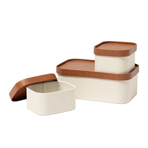 Beige Decorative Storage Boxes With Lids, Storage Baskets with Leather-Like Lids, Sturdy Stackable Paper Boxes Decorative Tray, Modern Basket Organizer Bins for Jewelry Shelve Bathroom Bedroom - color: Beige