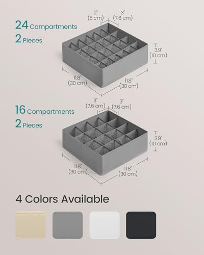 SONGMICS Set of 4 Drawer Organizers, Closet Organizers for Underwear, 80 Cells, Foldable Sock Holders, 11.8 x 11.8 x 3.9 Inches, for Storing Socks, Ties, Belts, Dove Gray URUS011G01 - color: Dove Gray, size: 4 Pack