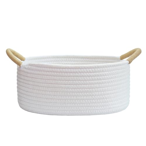 Yimi's Dream Gift Baskets Empty, Small Basket for Organizing, White Cotton Rope Basket with Handle for Decor, Baby Cat Dog Toy (Oval, 12"x 8"x 5") - color: white with brown handle, size: Oval - 12"x8"x5"