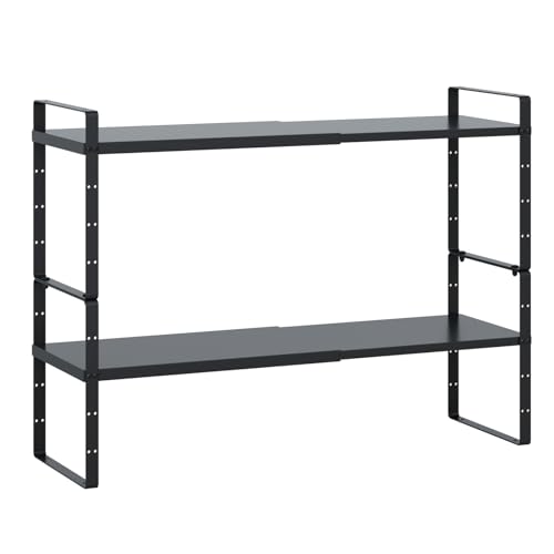 Expandable Cabinet Shelf Organizer Rack, Stackable Kitchen Counter Storage Shelves Stand, Adjustable Height Pantry Shelf Spice Rack (Black-2 Pack, 8.7" D x 15.4-26.8" W x 9.8" H) - color: Black-2 Pack