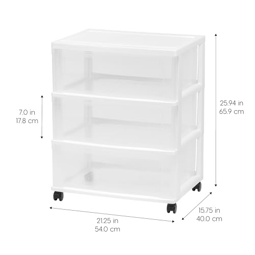 IRIS USA Plastic Drawer Storage Organizer Rolling Cart, with Wheels Casters, 3-Drawers, for Art Craft Supplies Bathroom Dorm Bedroom Laundry Room, Wide, White - color: White