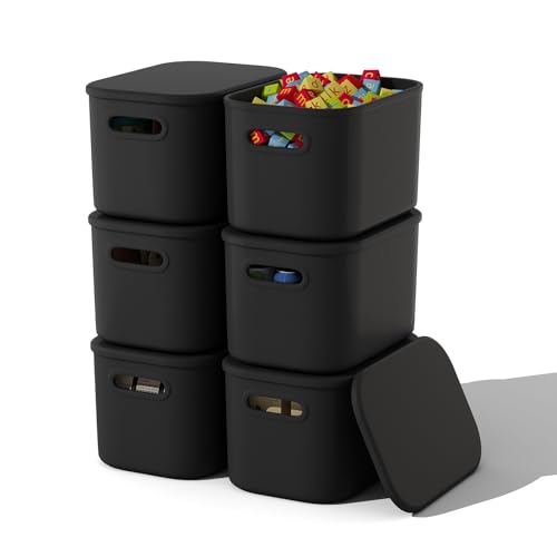 ORGIDOL 6 Pack Black Storage Bins with Lids Stackable Storage Container for Organizing, Black Storage Boxes with Handle for Shelves, Cute Organizer Bins for Craft, Snacks, 9.85x6.9x5.7 inch - color: Black, size: 6 Pack