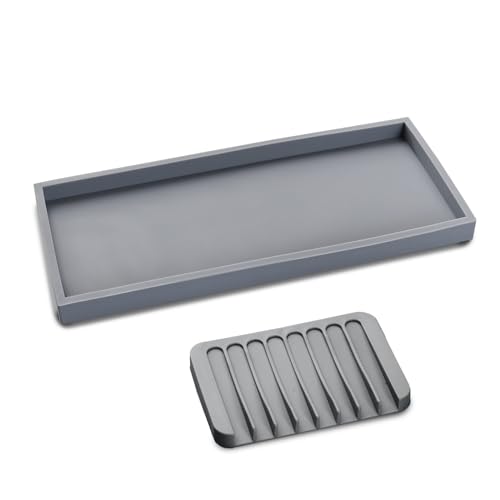 Bloss Silicone Tray Set for Bathroom/Kitchen Counter- 15.7x5.9inch Bathroom Soap Dispenser Tray and Soap Holder, Silicone Vanity Trays Countertop Organizer for Scrubber, Perfume, Jewelry, Candle Tray - color: Gray, size: 15.7" x 5.9" x 0.9"
