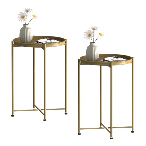 Garden 4 you Small Side Table, Gold Mini Round End Table, Black Tray Table with Metal Frame, Modern Nightstand for Living Room, Bedroom, Patio, Small Space, 2pcs - color: Gold, size: 2 PCS